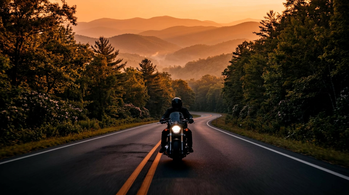 Motorcyclist riding a misty North Georgia mountain road at golden hour